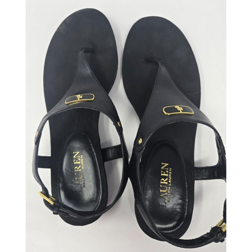 Lauren Ralph Lauren Thong Sandals Women's Size 9 Kacy Black Gold T-Strap - Picture 3 of 7